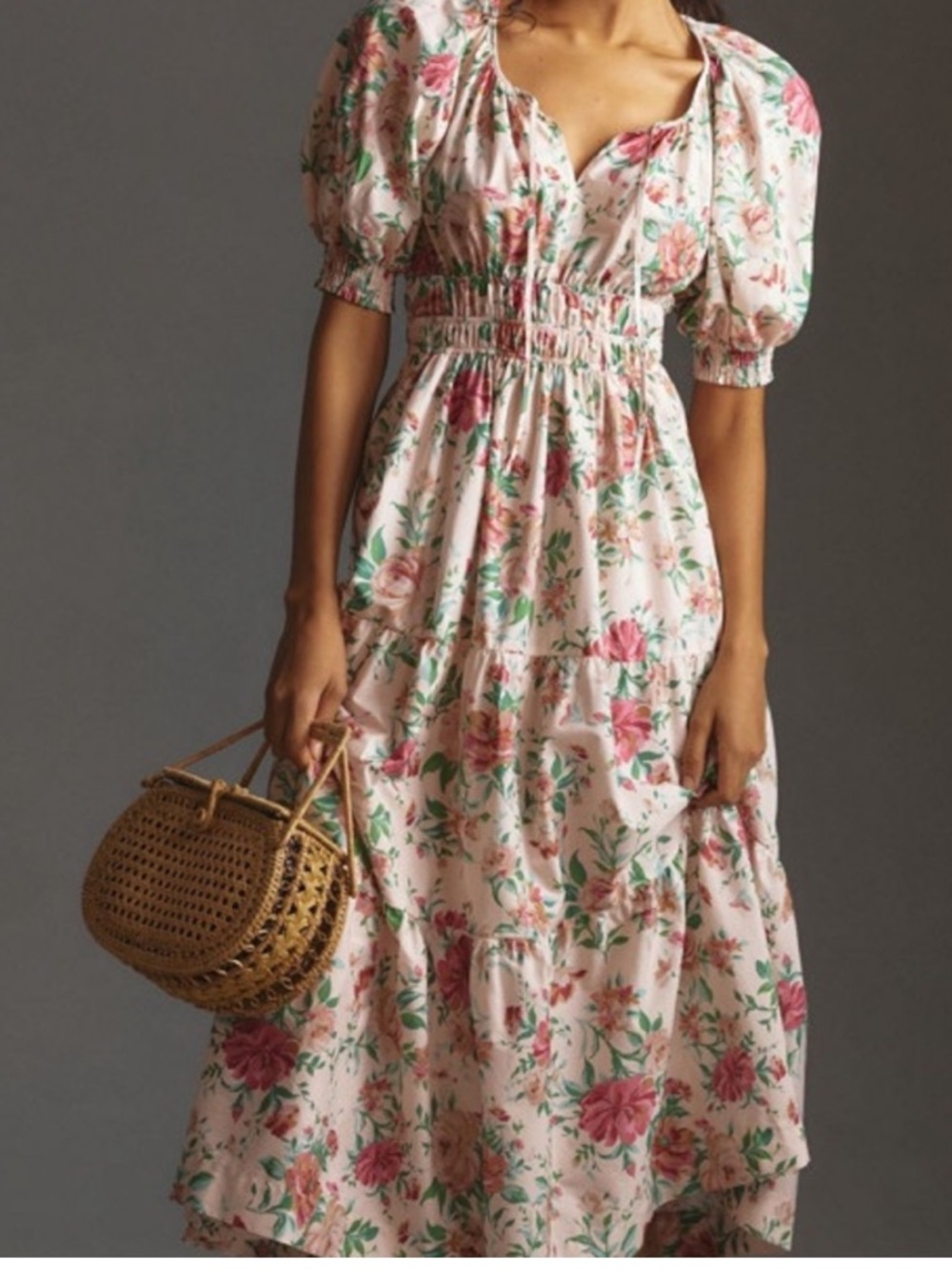 Anthropologie Pink Floral Puff-Sleeve Smocked Maxi Dress